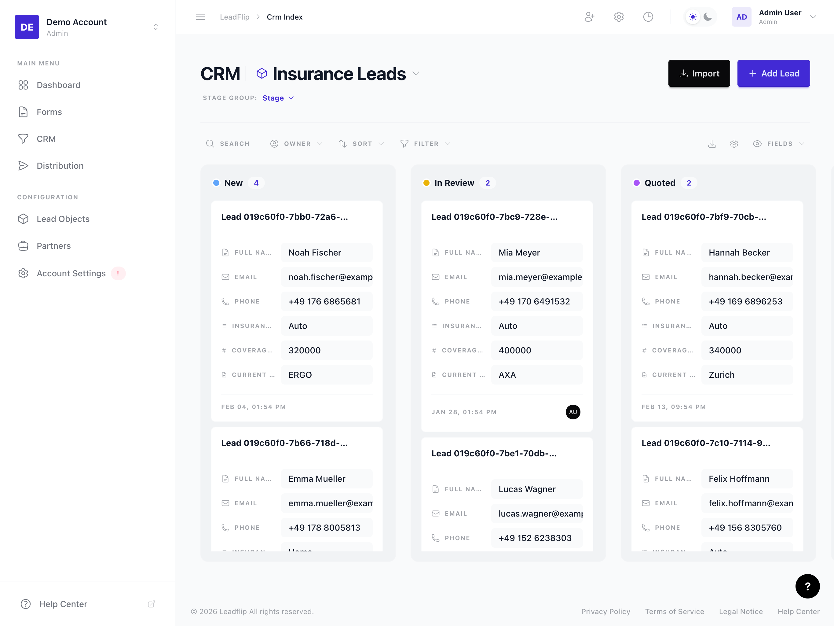 CRM Kanban board overview