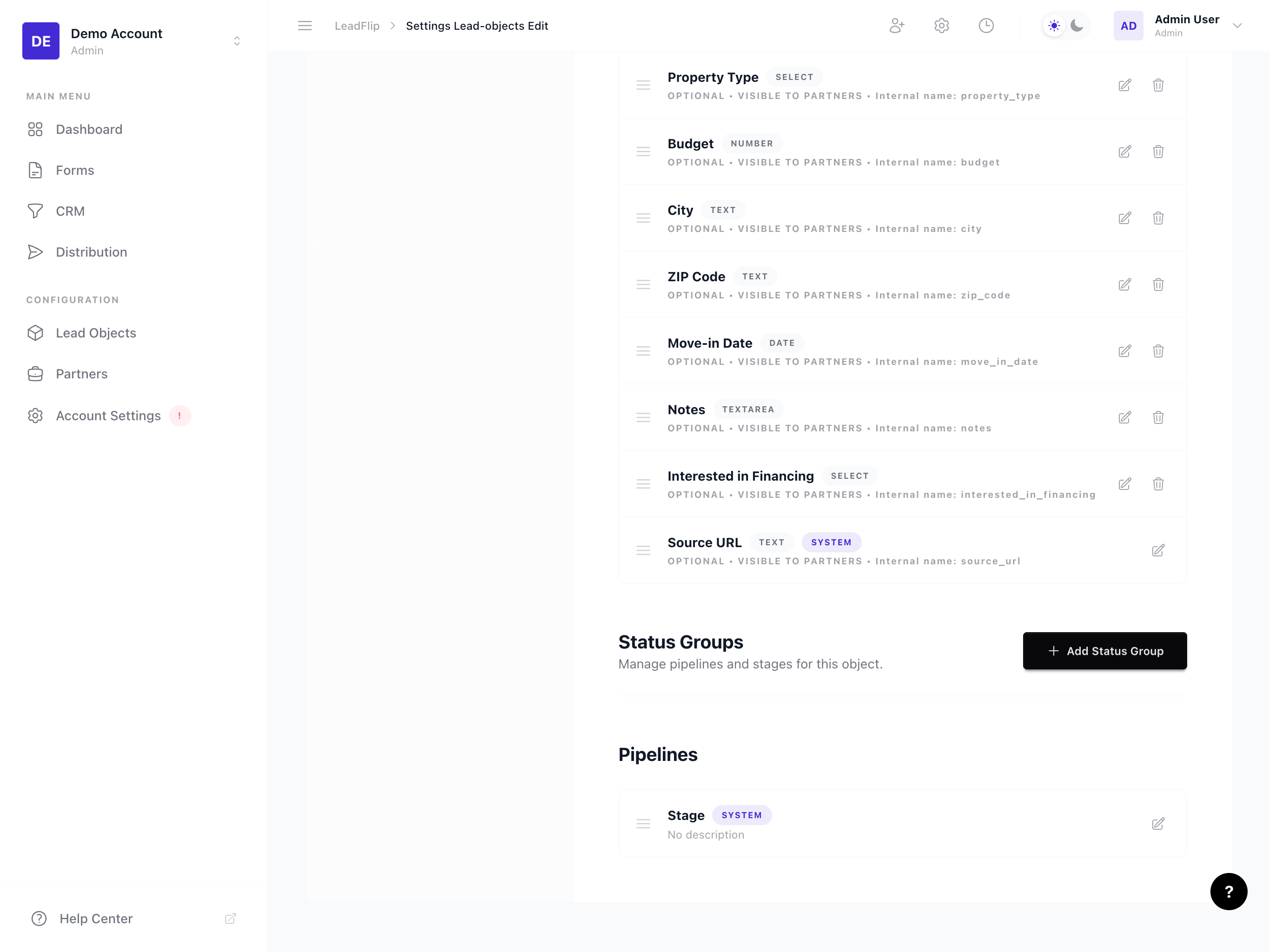 Kanban board with status columns