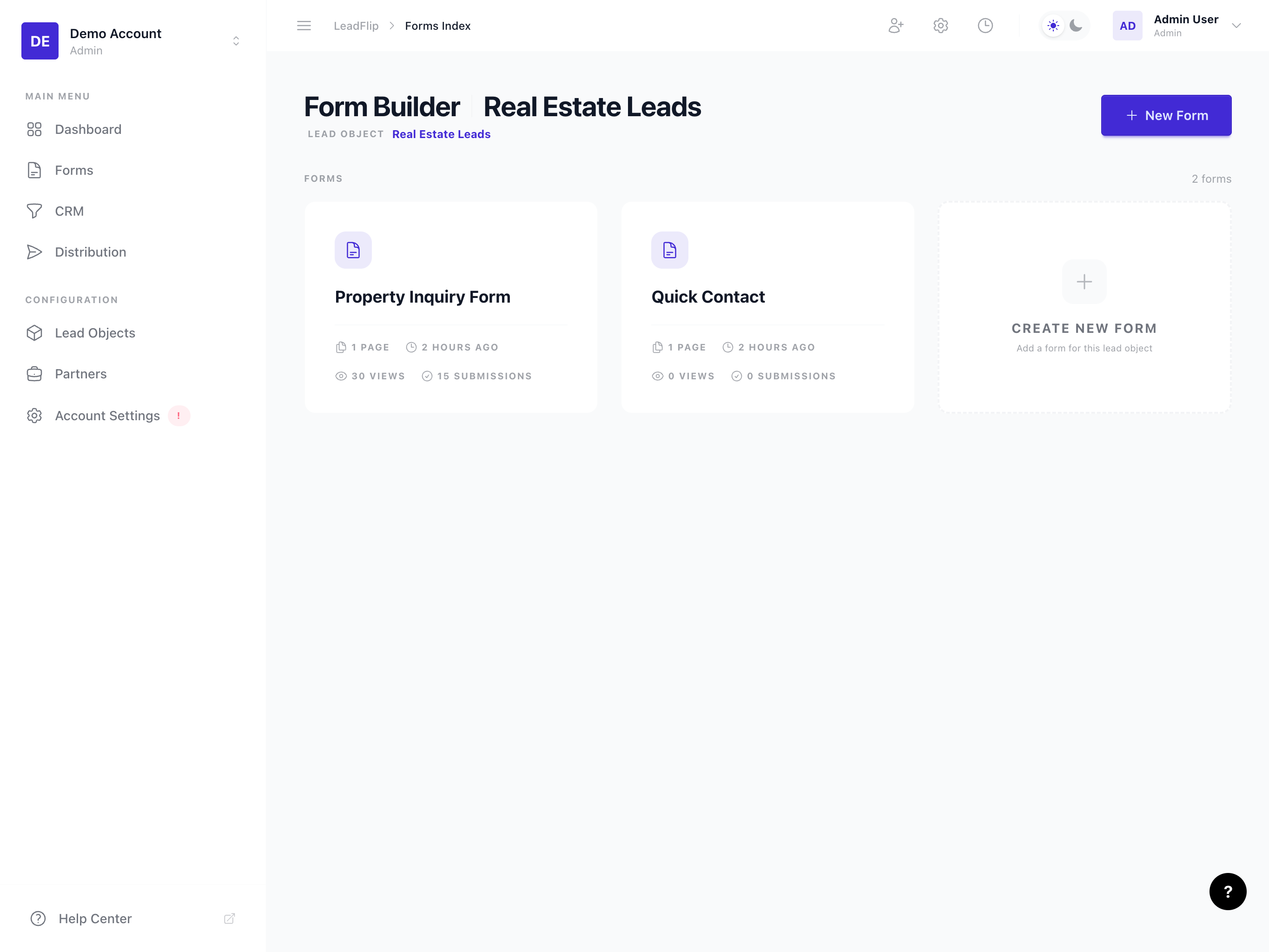 Forms sidebar with Entities