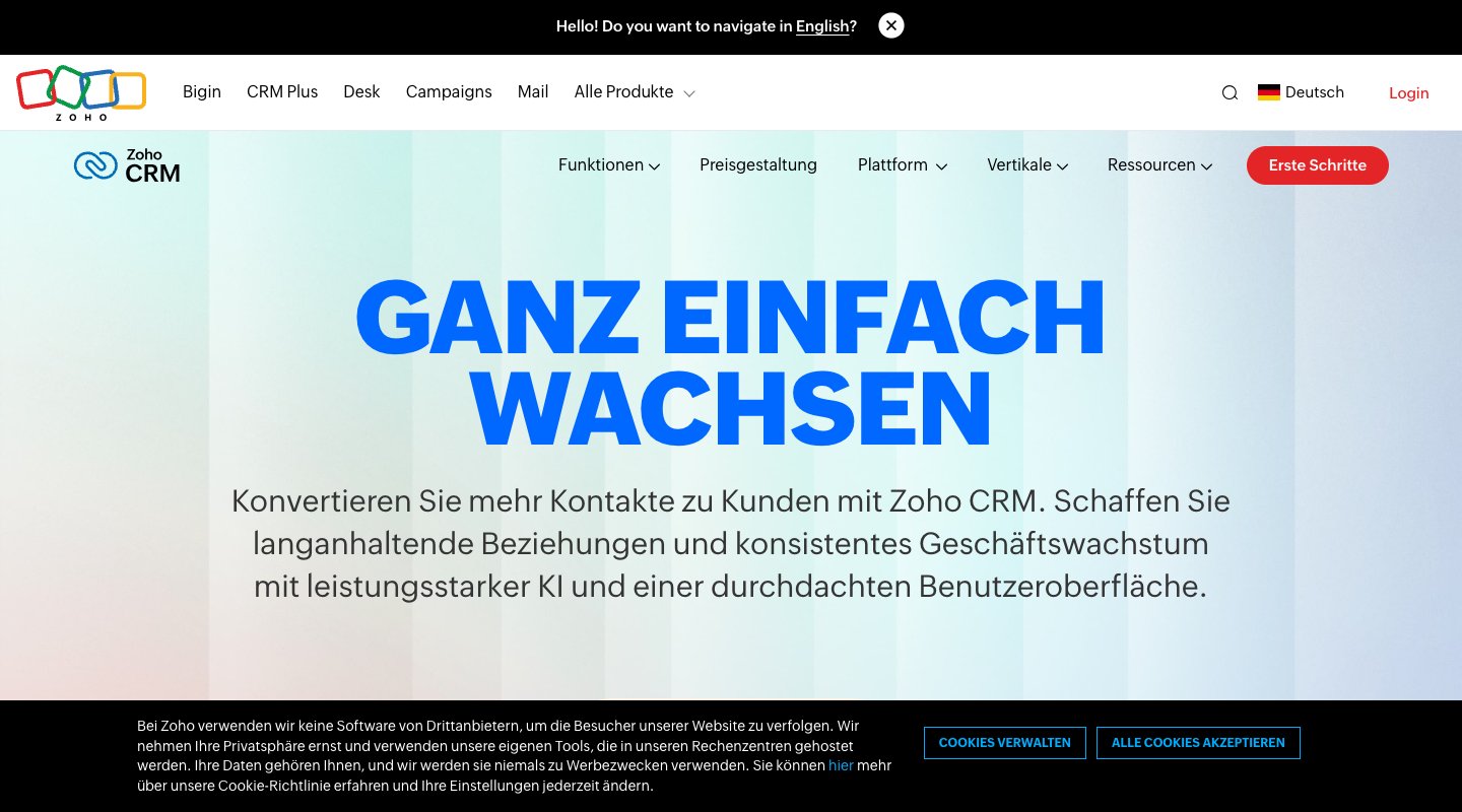 Zoho CRM homepage